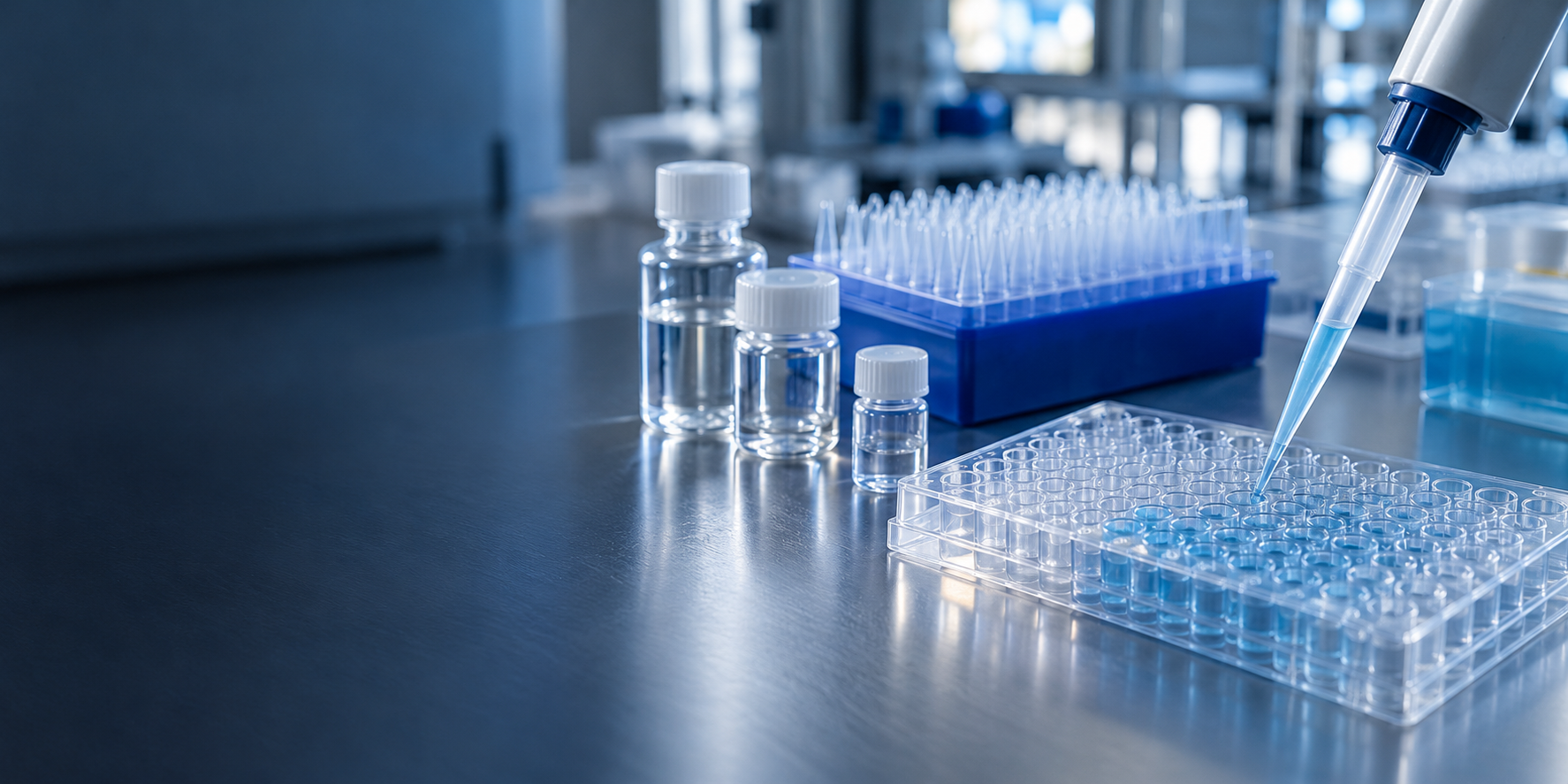 A precise diagnostic assay development laboratory bench with a microplate, pipette tips and clear reagent vials in refined blue daylight, no patients or test results